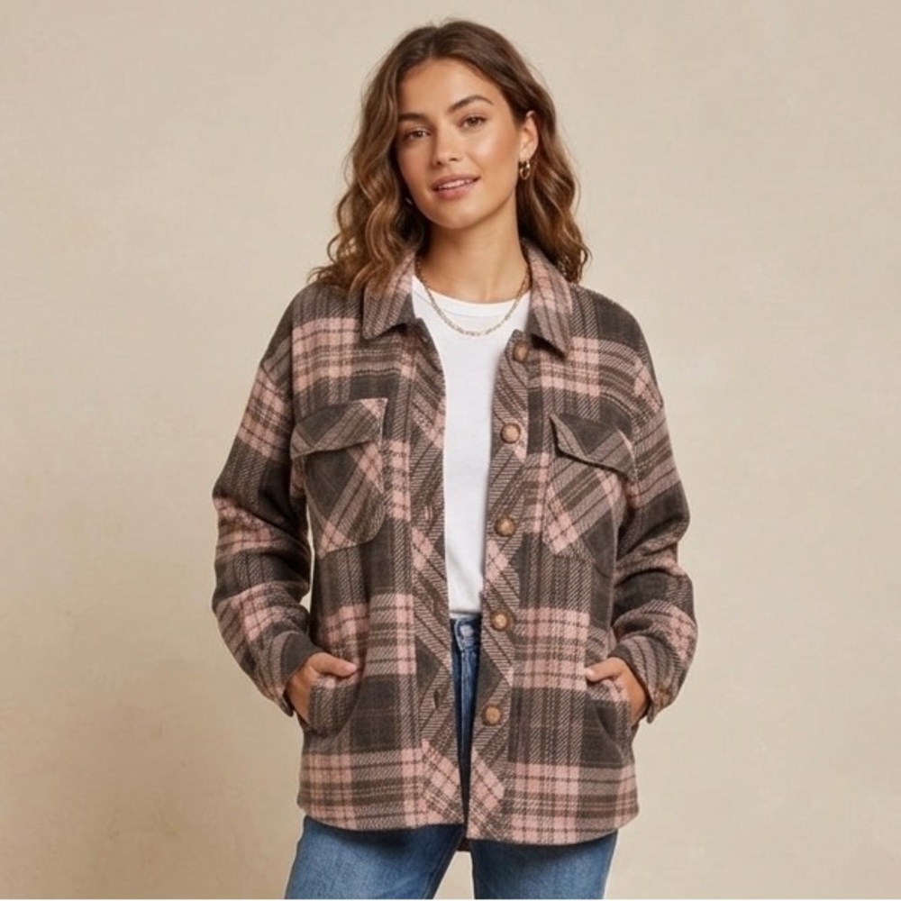 MYSTREE Plaid Shacket size M 21” p2p Pink/Gray $69 Retail NWOT